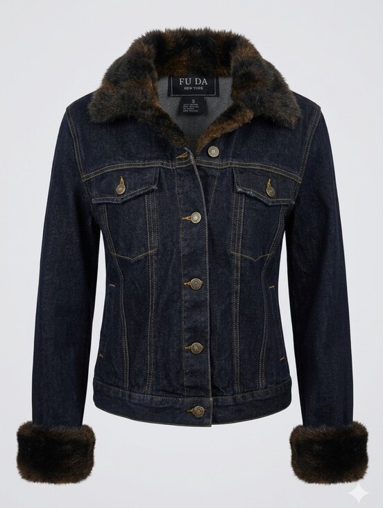 Fu Da Jackets & Blazers - Fuda New York Faux Fur Trim Denim Jacket Y2K Dark Wash Glam Vintage Mob Wife